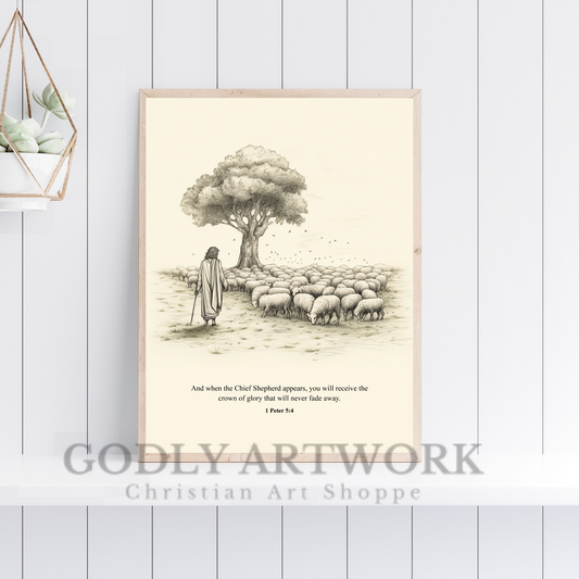 Jesus Herding Sheep DIGITAL DOWNLOAD, Jesus Bible Sketch, AI, Jesus Good Shepherd, Wall Art, Landscape Sketch