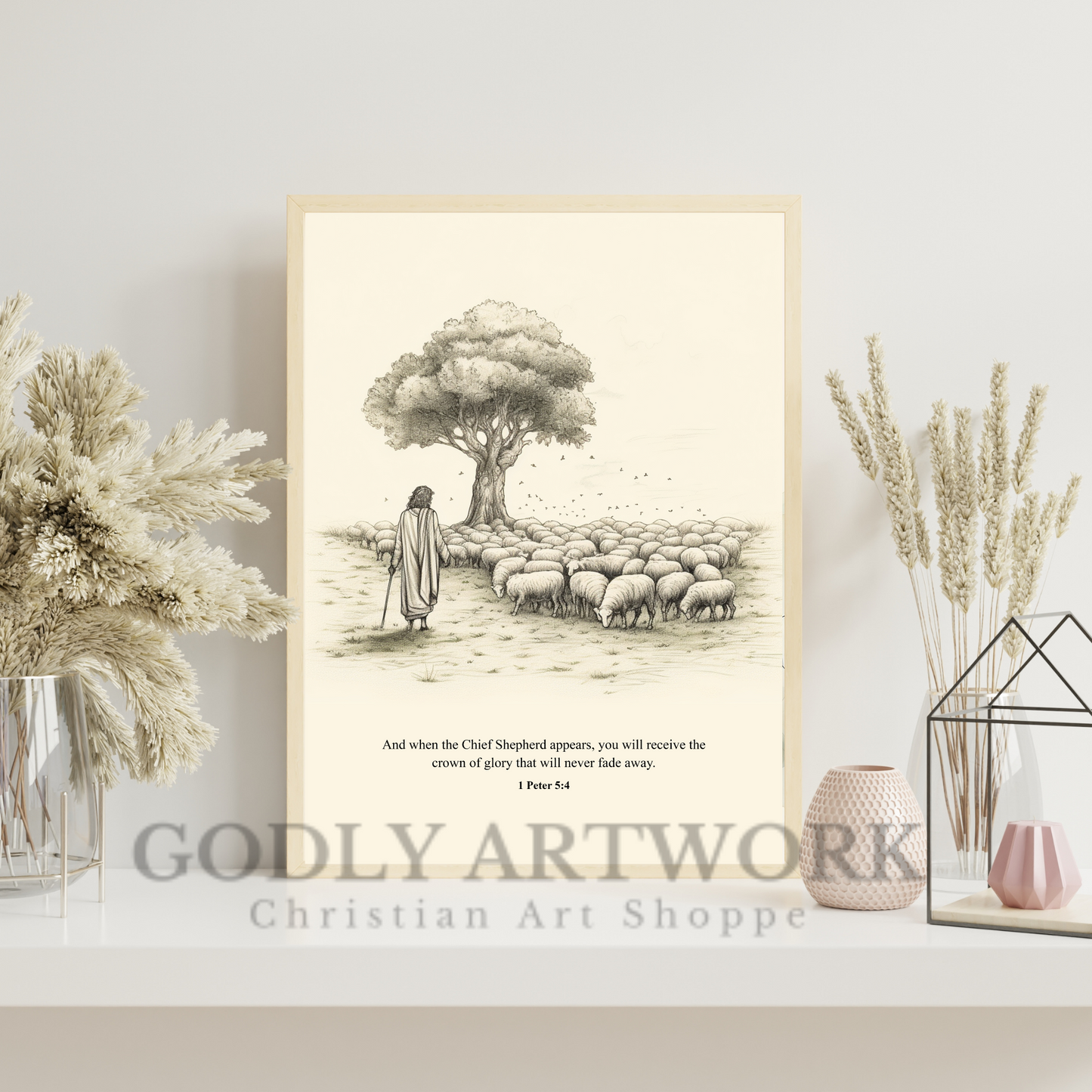 Jesus Herding Sheep DIGITAL DOWNLOAD, Jesus Bible Sketch, AI, Jesus Good Shepherd, Wall Art, Landscape Sketch