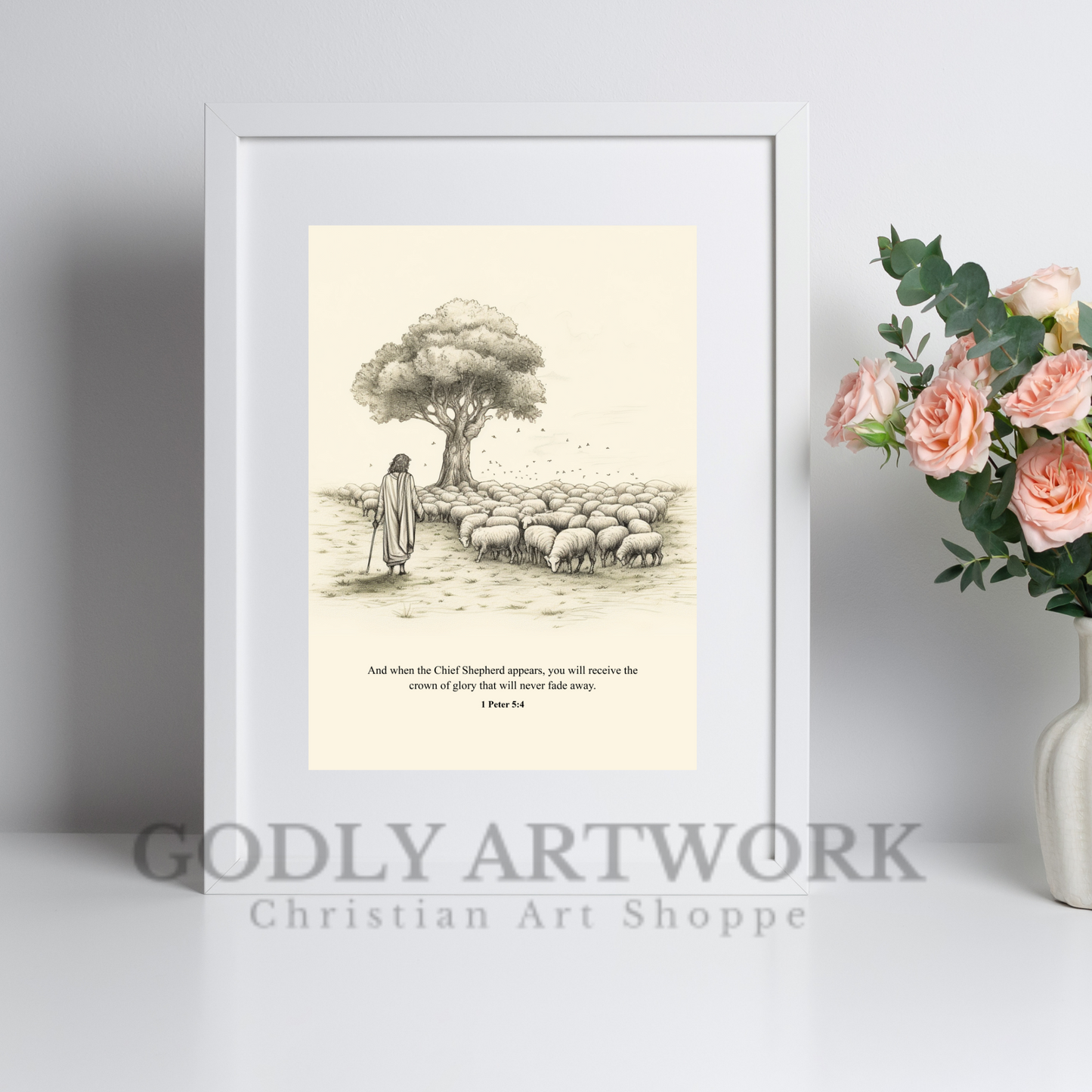 Jesus Herding Sheep DIGITAL DOWNLOAD, Jesus Bible Sketch, AI, Jesus Good Shepherd, Wall Art, Landscape Sketch