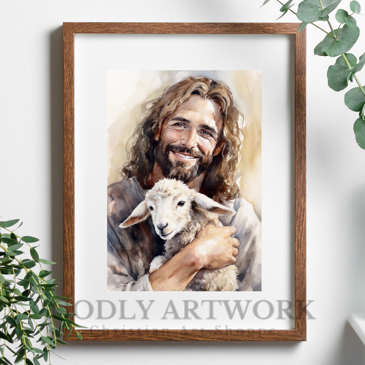 Jesus Smiling Holding Lamb Watercolor Portrait | Home Decor | Wall Art | Digital Download