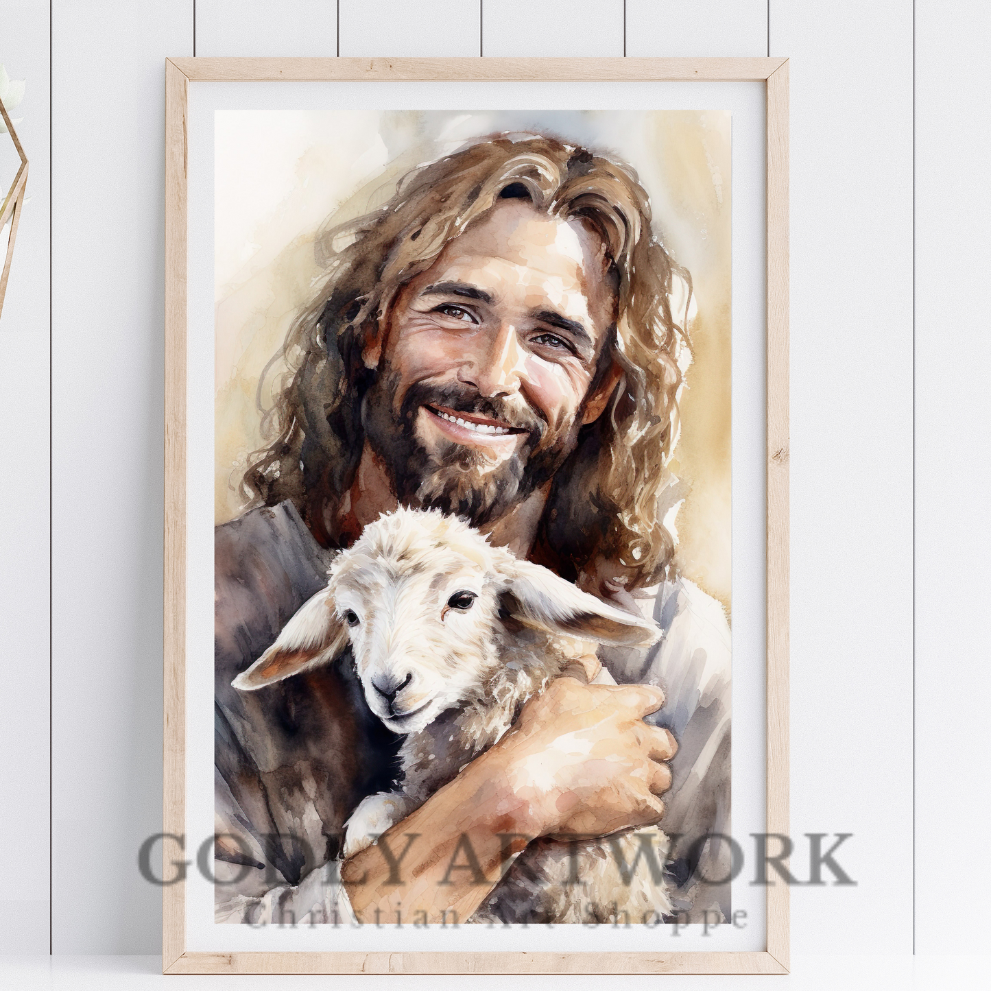 Jesus Smiling Holding Lamb Watercolor Portrait | Home Decor | Wall Art | Digital Download