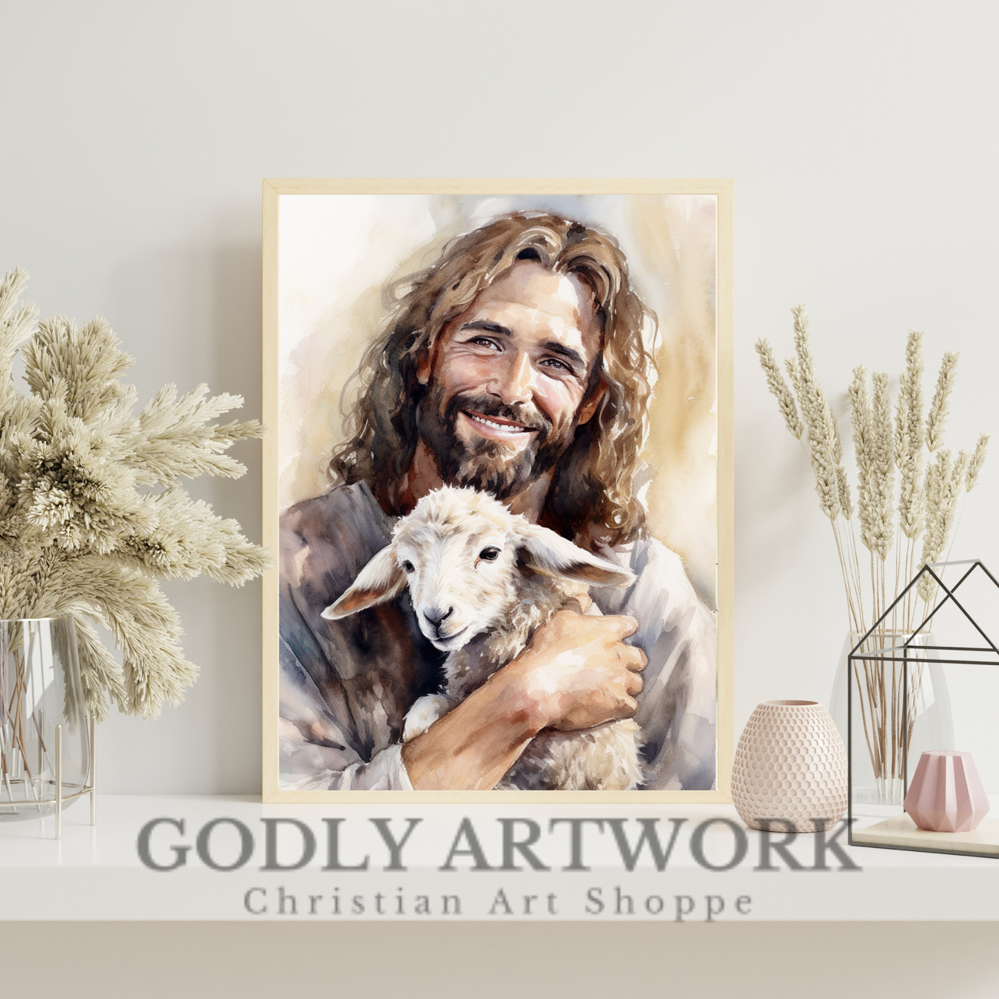 Jesus Smiling Holding Lamb Watercolor Portrait | Home Decor | Wall Art | Digital Download