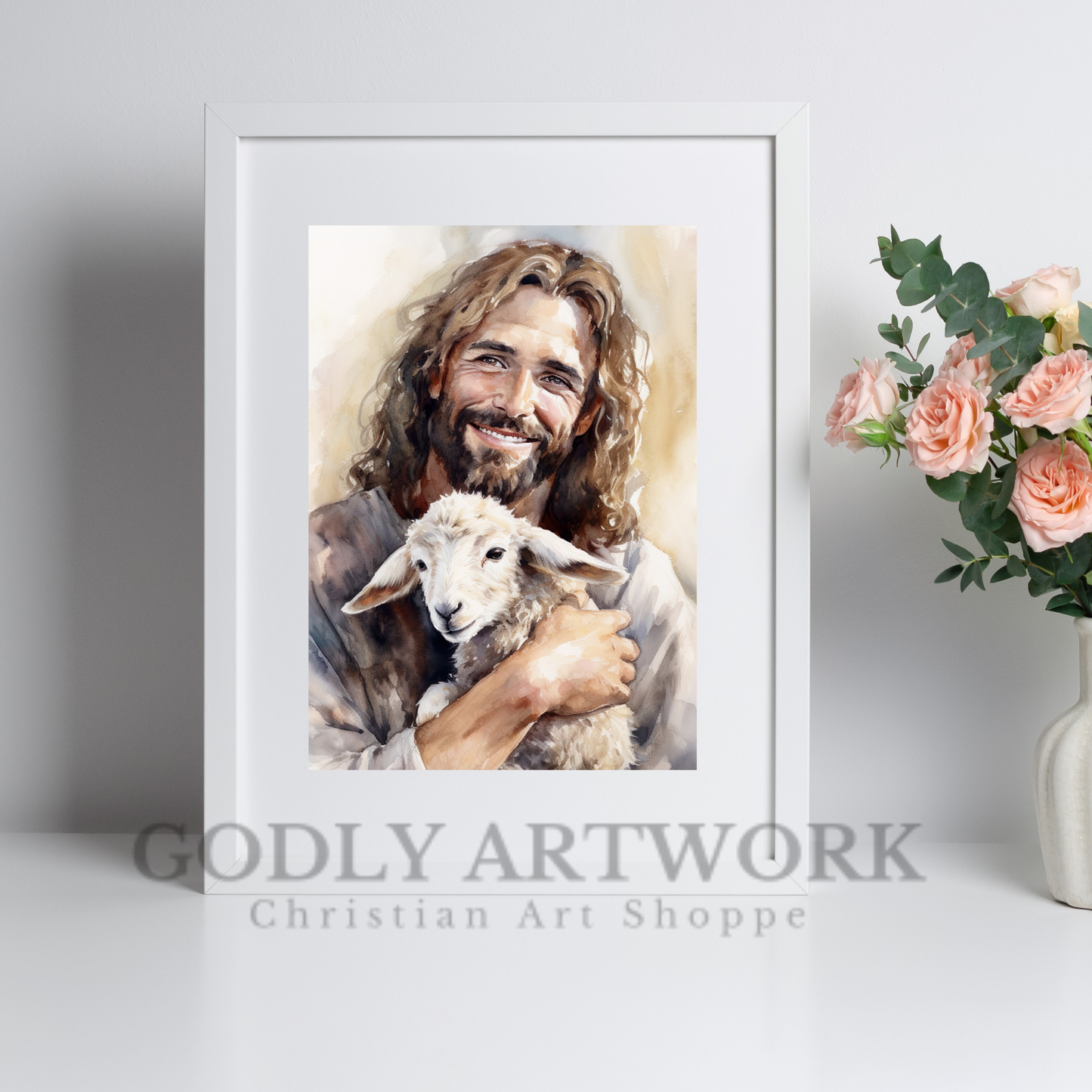 Jesus Smiling Holding Lamb Watercolor Portrait | Home Decor | Wall Art | Digital Download