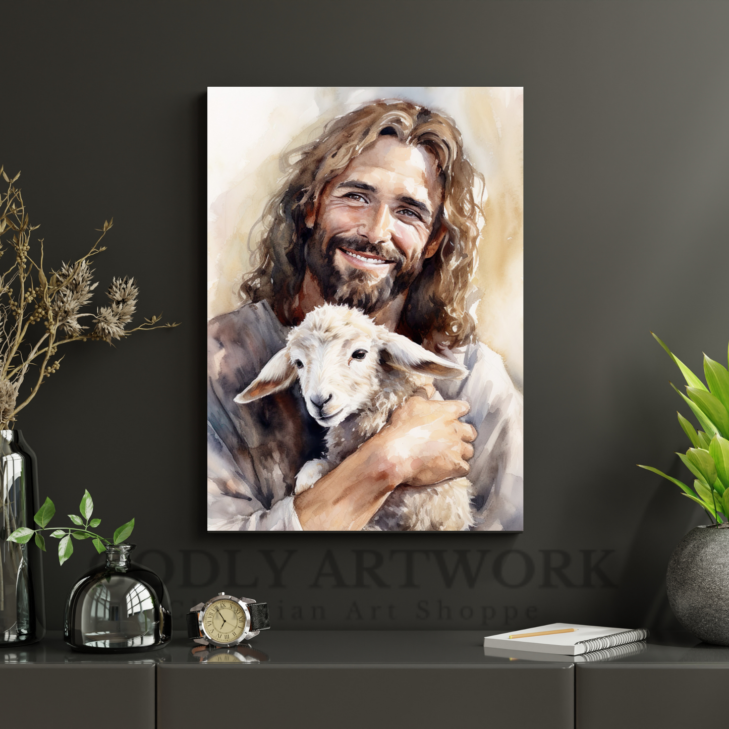 Jesus Smiling Holding Lamb Watercolor Portrait | Home Decor | Wall Art | Digital Download