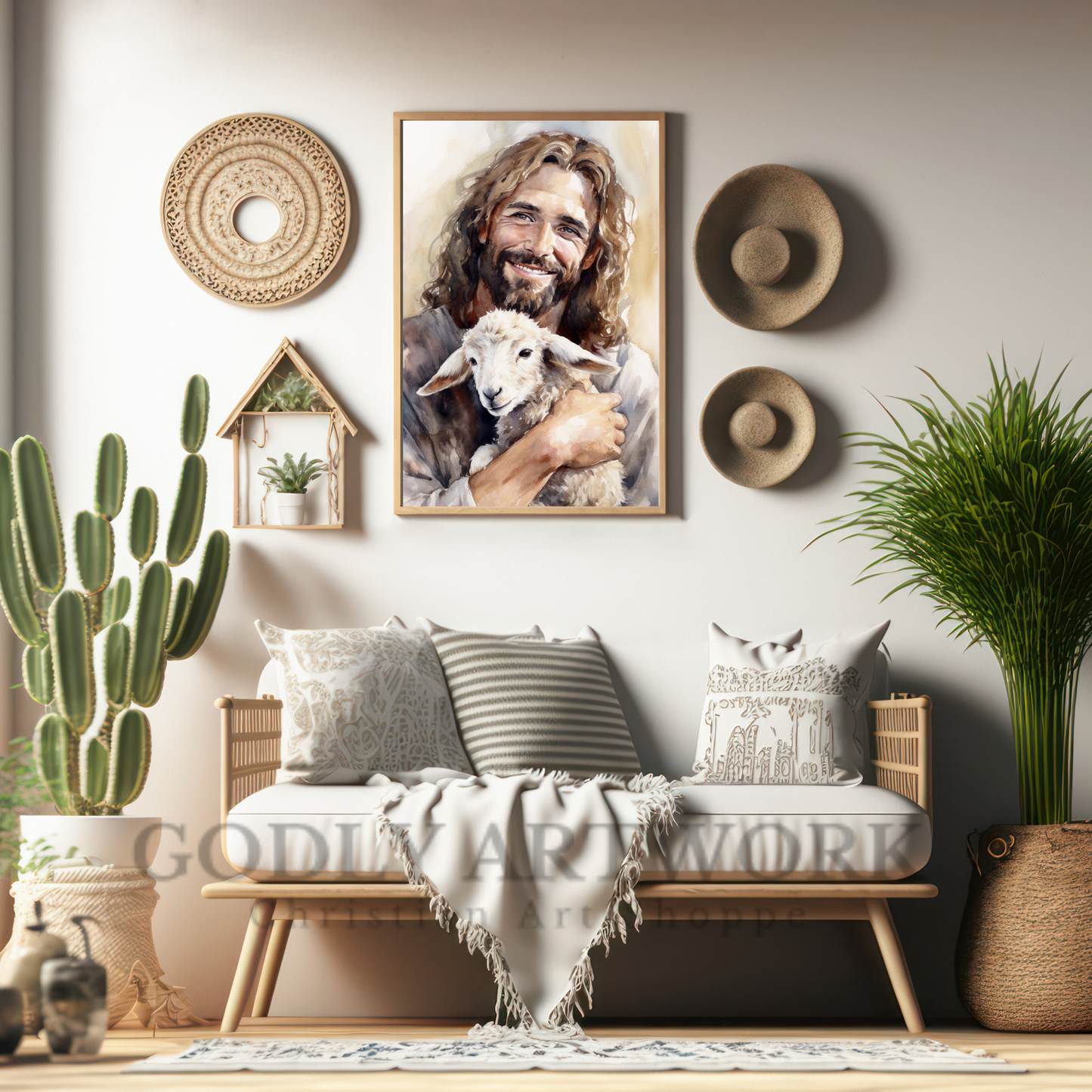 Jesus Smiling Holding Lamb Watercolor Portrait | Home Decor | Wall Art | Digital Download