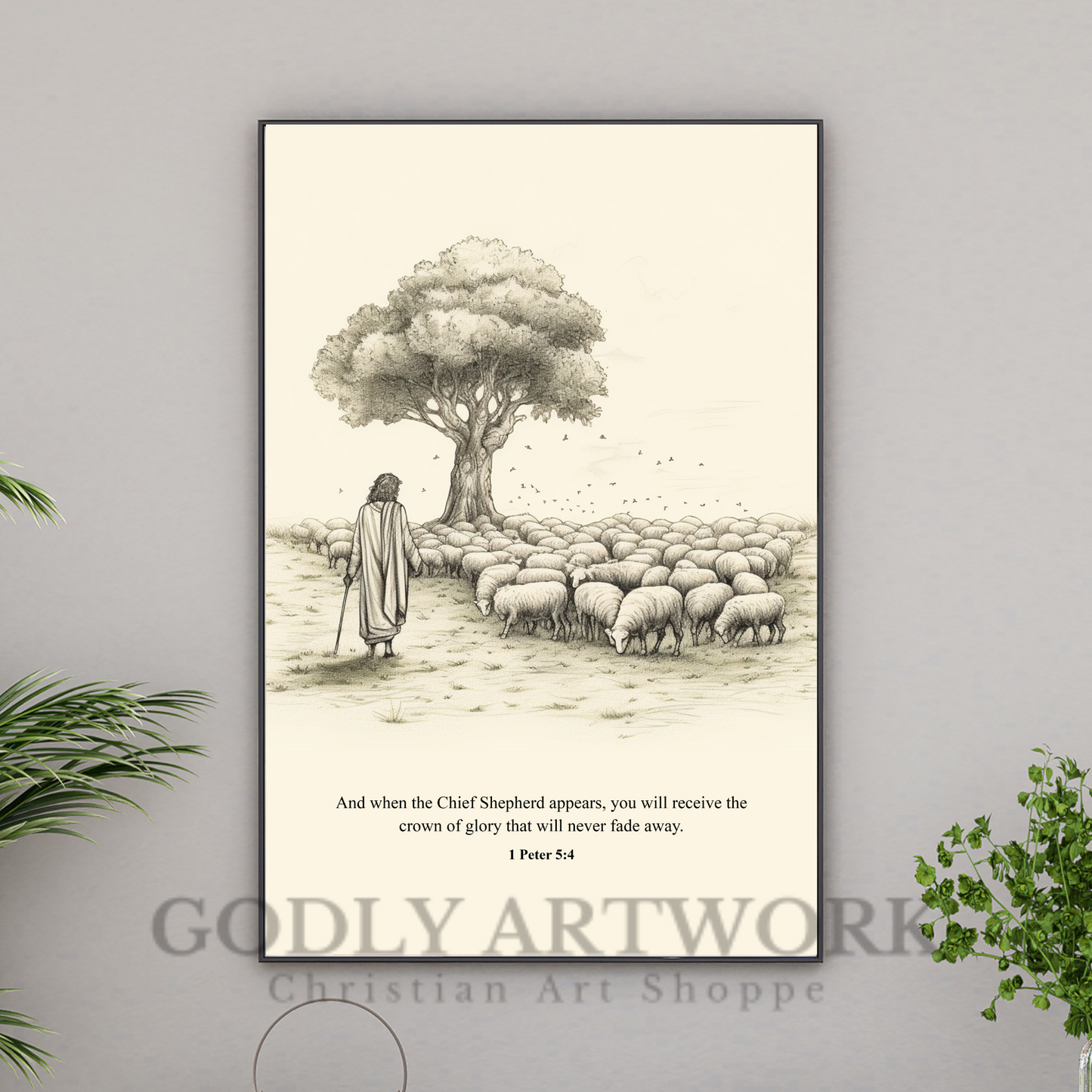 Jesus Herding Sheep DIGITAL DOWNLOAD, Jesus Bible Sketch, AI, Jesus Good Shepherd, Wall Art, Landscape Sketch