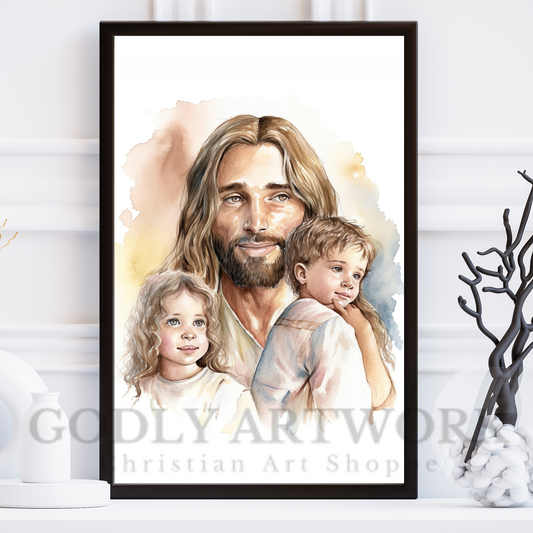 Jesus and Children Watercolor Wall Art | Digital Download | Christian Modern Art